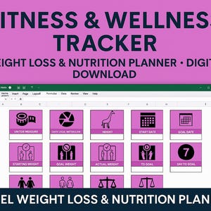 Puede incluir: Un planificador digital de Excel para la pérdida de peso y la nutrición con un fondo rosa. La hoja de cálculo incluye secciones para la unidad de medida, el metabolismo local diario, la altura, la fecha de inicio, la fecha objetivo, el peso inicial, el peso objetivo, el peso real y el día del objetivo.