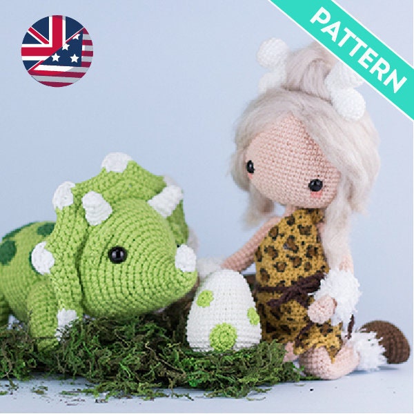 Amigurumi Prehistoric Outfit and Triceratops ENGLISH Patterns Pack, PDF, Cavewoman Clothes for Doll Pattern, Amigurumi Dinosarur Pattern