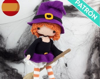 Amigurumi Witch Doll Crochet Pattern, Halloween Decor (PDF, Español)
