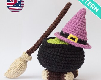 May include: A crocheted witch's cauldron with a green potion inside, a purple witch's hat, and a brown broom.