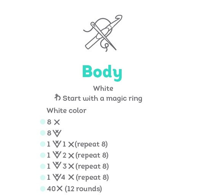 May include: Crochet pattern instructions for a white body. The pattern includes a magic ring, 8 single crochet stitches, and 12 rounds of 40 stitches.