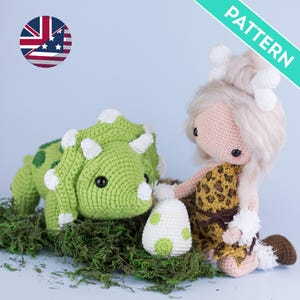 Amigurumi Prehistoric Outfit and Triceratops ENGLISH Patterns Pack, PDF, Cavewoman Clothes for Doll Pattern, Amigurumi Dinosarur Pattern
