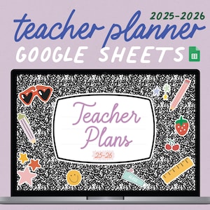 Könnte beinhalten: Ein Laptop-Bildschirm zeigt einen digitalen Lehrerplaner für das Schuljahr 2025-2026. Der Bildschirm zeigt die Worte "Teacher Plans" und ist mit bunten Aufklebern verziert, darunter Sonnenbrillen, Sterne und eine Erdbeere.