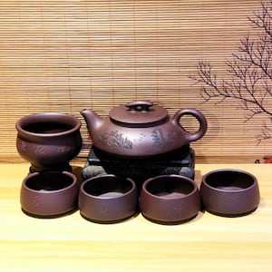 Kompletny ręcznie robiony zestaw do herbaty Yixing Zisha [Cheng Feng Po Lang] 320 ml | Fioletowy gliniany czajniczek | Chiński czajniczek