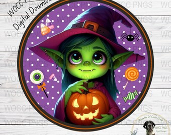 Cute Halloween Witch Goblin Round PNG, Digital Download for Sublimation, Wreath Signs, Door Hangers, DIY Crafts, Fun Halloween Decor
