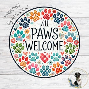 Alla tassar välkomna PNG | Patchwork tassavtryckdesign | Rund PNG digital nedladdning | Utskrivbar för kransskyltar, dörrhängare