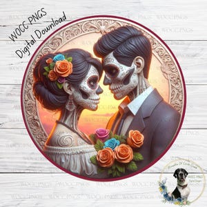Day of the Dead Couple PNG | Round Sublimation Design | Digital Download | Printable for Wreath Signs, Dia de los Muertos Art