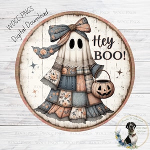 Hej Bu-spöket PNG | Vintage lapptäcke Halloween-kransskylt | Rustik shabby chic-design | Rund PNG digital nedladdning | Utskrivbar kransskylt