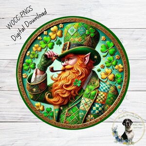 May include: A whimsical illustration of a leprechaun wearing a green hat with shamrocks and a green and gold patterned suit. He is holding a pipe and has a long red beard. The background is a circle of shamrocks.
