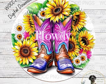 Howdy, cowgirl-laarzen, rond png-sublimatieontwerp, kransborden digitale download, deurhangers DIY ambachten digitale kunst, afdrukbare clipart