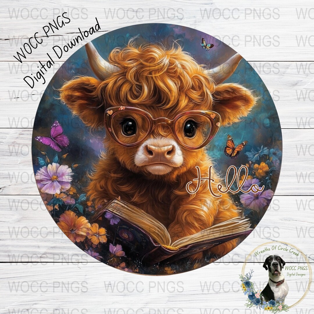 Hello Highland Rim Cute Highland Cow With A Book PNG, Hello Highland Cow Sublimation PNG ...