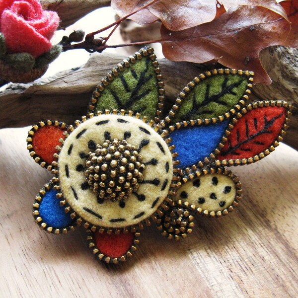 Multi colored felt and zipper free form leaf brooch