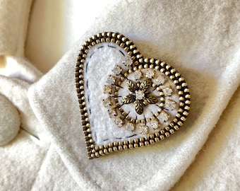 Antique white wool felt and zipper heart brooch