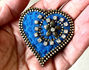 Royal blue wool felt and zipper heart brooch