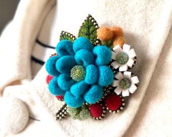 Zipper and teal wool felt flower brooch