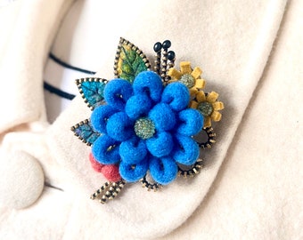 Zipper and turquoise wool felt flower brooch