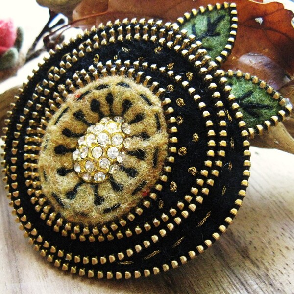 Black and warm yellow Mackintosh Rose inspired brooch