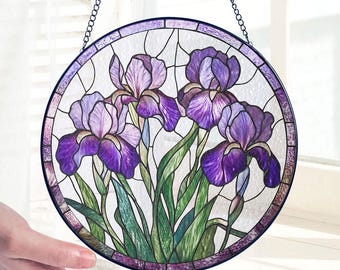 Purple Irises Stained Glass Suncatcher, Iris February Birth Month Flower Window Hanging, Flower Lovers Gift, Iris Suncatcher Yard Decor