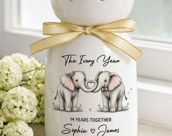Personalized Ivory Anniversary Flower Vase, 14th Wedding Anniversary Gift Gifts, Elephants Vase, 14th Married Gift for Couple,The Ivory Year
