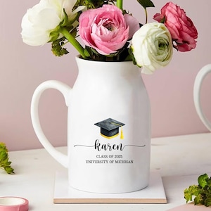 Personalised Graduation Floral Ceramic Vase, Master Degree Grad Flower Vase, Class of 2025 Gift, Daughter Grad Gift, College Graduation Gift
