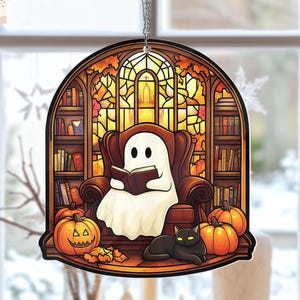 Halloween Ghost Reading Book Suncatcher, Cute Ghost and Black Cat Acrylic Window Hanging Decor, Reading Book Suncatcher, Book Lover Gift