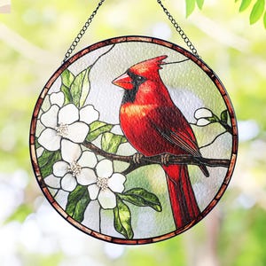 Cardinal Stained Glass Suncatcher, Window Hanging, Cardinal Bird Decor, Bird Glass Art Memorial Suncatcher, Home Decor for mom, Women Gift