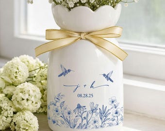 Custom Ceramic Flower Vase, Toile De Jouy Engagement Keepsake, Engagement Gift, Anniversary Wedding Gift Couple, Bridal Shower Gift