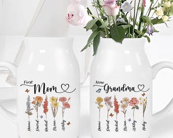 Personalized Birth Flower Vase First Mom Now Grandma Mother's Day Gift Grandma's Garden Vase Birth Month Flower Gift For Nana From Grandkids