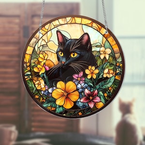 Cat Flower Acrylic Suncatcher, Black Cat Art, Tabby Cat Window Hangings, Ornament Gift for Mom Memorial Gift, Gift for Cat Lovers