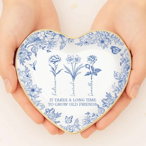 Toile De Jouy Birth Flower Grow Old Friends, Personalized Ring Dish, BFF Gift, Custom Jewelry Dish for Besties, Mom, Daughter, Soul Sister