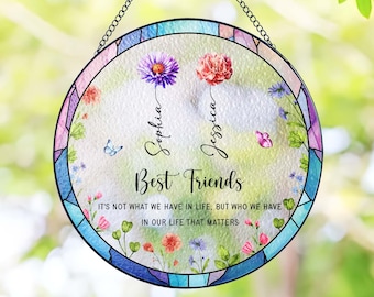 Best Friends Stained Glass Suncatcher, Personalized Best Friend Birth Month Flower, Friendship Gift, Soul Sisters Gift,Besties Birthday Gift