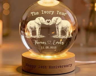 Bola de cristal personalizada para el 14.º aniversario de bodas en color marfil, lámpara de noche con forma de elefante, regalo de aniversario para esposa/esposo, regalo para parejas, regalo del año de marfil