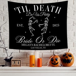 Til Death Do Us Party Bachelorette Banner, Personalized Gothic Skeleton Bride Photo Backdrop Tapestry, Funny Halloween Wedding Favors