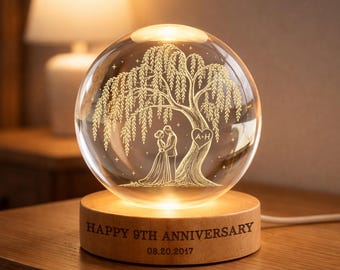 Personalized 9th Anniversary Willow Tree Ball Led Night Light Couple Gift, 9 Years Wedding Anniversary Gift Light Lamp