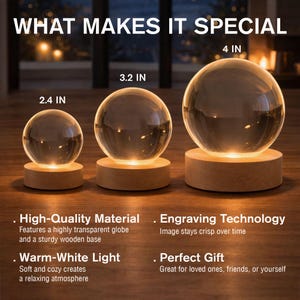 May include: Three illuminated glass spheres of varying sizes (2.4, 3.2, and 4 inches) sit on wooden bases. The text "WHAT MAKES IT SPECIAL" is at the top. The spheres have a warm-white light and are described as a perfect gift.