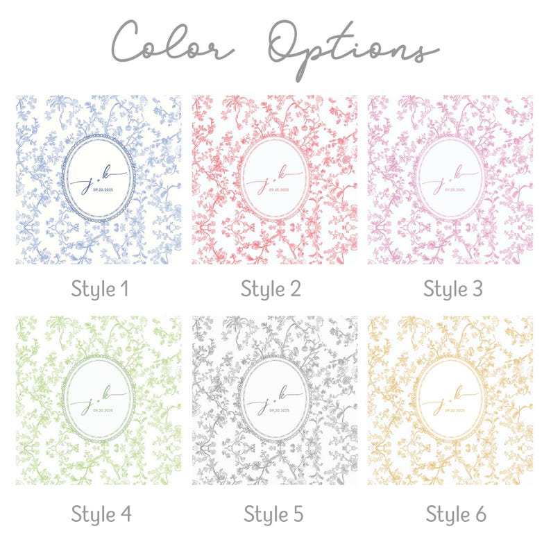 May include: Six color options are displayed, each featuring a floral pattern and a circular monogram. The color choices include blue, red, pink, green, gray, and gold. The text "Color Options" is at the top.