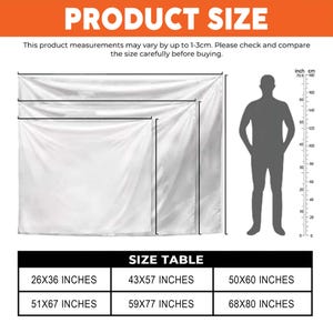 Puede incluir: Imagen que muestra productos de tela blanca con comparaciones de tama&ntilde;o. El texto "PRODUCT SIZE" est&aacute; en la parte superior. Una tabla de tallas enumera las dimensiones en cm: 66x91, 109x145, 127x152, 130x170, 150x196, y 173x203 cm. Una silueta indica la escala.