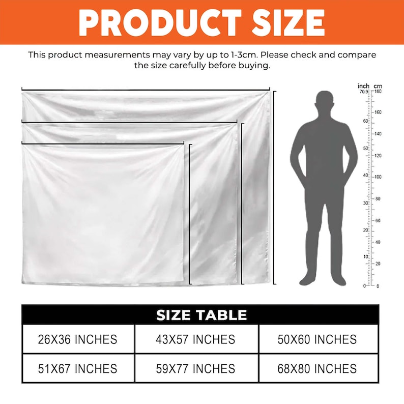 Puede incluir: Imagen que muestra productos de tela blanca con comparaciones de tama&ntilde;o. El texto "PRODUCT SIZE" est&aacute; en la parte superior. Una tabla de tallas enumera las dimensiones en cm: 66x91, 109x145, 127x152, 130x170, 150x196, y 173x203 cm. Una silueta indica la escala.