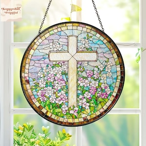 Christian Cross Wildflower Stained Glass Sucatcher, Window Decor, Floral Suncatcher, Religious Gift, Jesus Home Decor, Easter Faith Cross