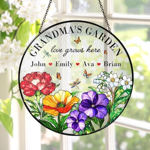 Personalized Grandma&#39;s Garden Stained Glass Suncatcher Gift For Grandma, Grandma Gift, Mother&#39;s Day Gift For Grandma Nana Birth Month Flower