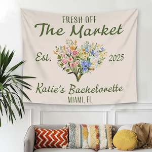 Fresh Off the Market Tapestry, Custom She&#39;s Fresh Off The Market Bridal Shower Decor, Farmers Market Theme Bachelorette Party Photo Backdrop