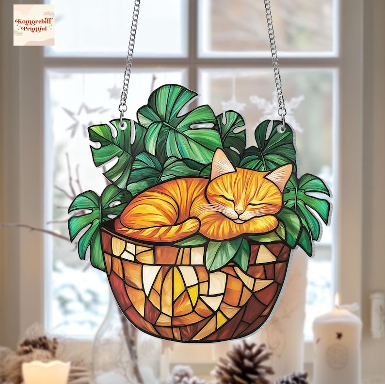 Orange Cat in Monstera Acrylic Suncatcher Mothers Day Gift for Plant ...