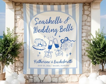 Custom Bachelorette Party Decor, Seashells and Wedding Bells Bach Tapestry, Beach Bachelorette Bridal Shower, Coastal Bachelorette Backdrop