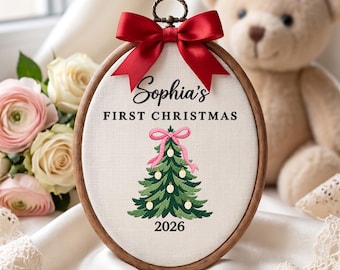 Personalized Baby’s First Christmas Tree Embroidery Hoop Ornament, Christmas 2026 Gift For Newborn, Baby Girl Keepsake Decor