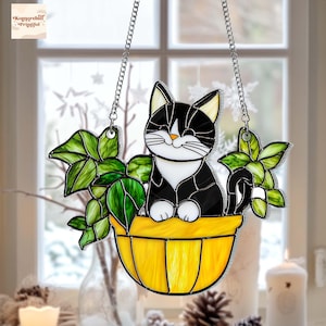 Cat In A Flower Pot Acrylic Window Hangings, Window Hangings Acrylic Wall Decor, Car Art Gift, Custom Cat Gift for Cat Lovers,Christmas Gift