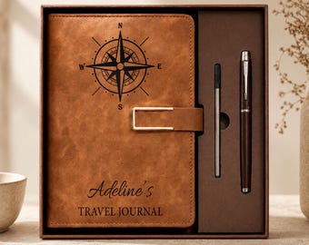 Personalized Leather Travel Journal Gift Set, Custom Travel Notebook with Pen, Travel Diary, Traveler Gift for Men Women, Graduation Gift