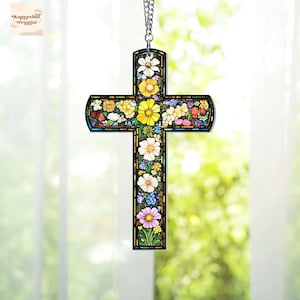 Cross Wildflowers Acrylic Suncatcher Ornament, Jesus Cross Flowers Window Decor, Religious Gifts, Faith Home Decor, Nativity Ornament Gifts