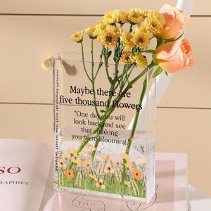 Book Shaped Flower Vase Blooming Acrylic Book Vase Book Themed Decor Custom Flower Vase for Book and Flower Lovers Home Decor Gift Mom, Wife