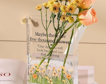 Book Shaped Flower Vase Blooming Acrylic Book Vase Book Themed Decor Custom Flower Vase for Book and Flower Lovers Home Decor Gift Mom, Wife