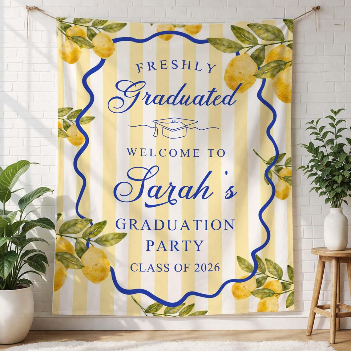 Lemon Grad Backdrop Custom Graduation Party Decor 2026, Lemon Themed Graduation Tapestry ...